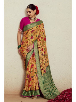 Mysilklove - Equator Yellow Printed Brasso Soft Silk Saree with Unstitched Blouse