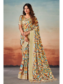 Mysilklove - Beige Banarasi Digital Printed Saree with Unstitched Blouse
