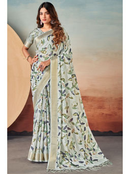 Mysilklove - Ice White Banarasi Digital Printed Saree with Unstitched Blouse