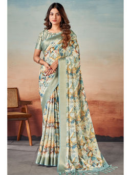 Mysilklove - Blue Shades and White Banarasi Digital Printed Saree with Unstitched Blouse