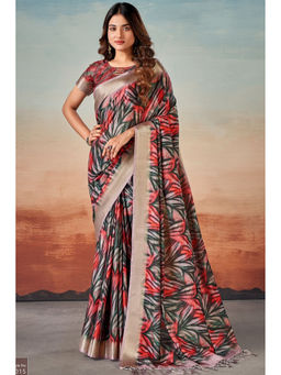 Mysilklove - Chilli Red and Black Banarasi Digital Printed Saree with Unstitched Blouse