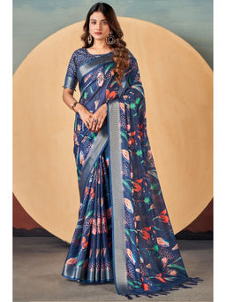 Mysilklove - East Bay Blue Banarasi Digital Printed Saree with Unstitched Blouse