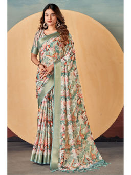 Mysilklove - Bud Green Banarasi Digital Printed Saree with Unstitched Blouse