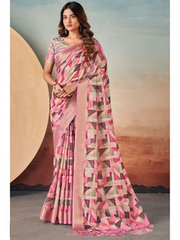 Mysilklove - Lily Pink Banarasi Digital Printed Saree with Unstitched Blouse