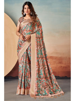 Mysilklove - Cupid Brown Banarasi Digital Printed Saree with Unstitched Blouse