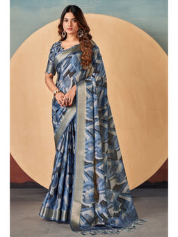 Mysilklove - Fiord Blue Banarasi Digital Printed Saree with Unstitched Blouse