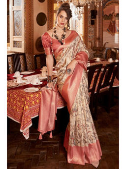 Mysilklove - Copper Peach Banarasi Digital Printed Saree with Unstitched Blouse
