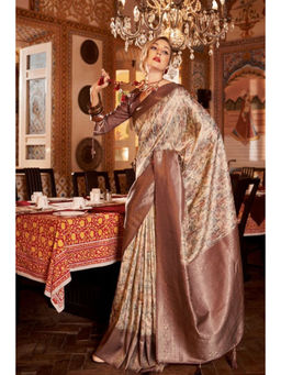 Mysilklove - Cape Palliser Brown Banarasi Digital Printed Saree with Unstitched Blouse