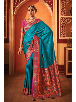 Mysilklove - Pine Blue Woven Paithani Saree with Unstitched Blouse