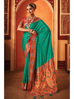 Mysilklove - Fire Bush Green Woven Paithani Saree with Unstitched Blouse