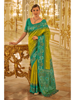 Mysilklove - Neon Green Woven Banarasi Saree with Unstitched Blouse