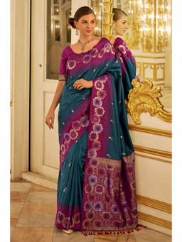 Mysilklove - Plantation Blue and Purple Woven Banarasi Saree with Unstitched Blouse