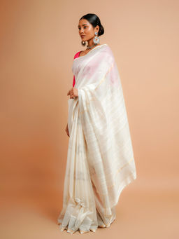 Palash - Off White Block Printed Silk Chanderi Saree with Unstitched Blouse