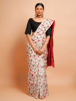 Palash - Off White Maroon Ombre Floral Jhal Printed Silk Chanderi Swati Saree with Unstitched Blouse