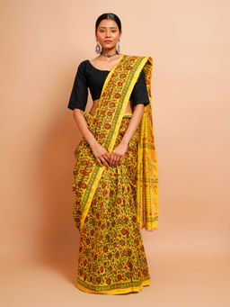 Palash - Mustard Floral Jhal Printed Silk Chanderi Saree with Unstitched Blouse