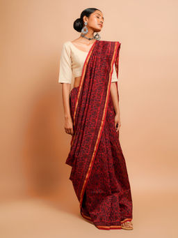 Palash - Maroon Hand Block Printed Cotton Silk Chanderi Saree with Unstitched Blouse