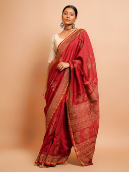 Palash - Maroon Hand Block Printed Chanderi Silk Saree with Unstitched Blouse