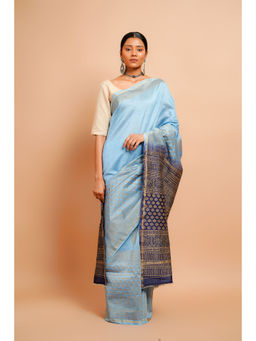 Palash - Blue Hand Block Printed Chanderi Silk Cotton Saree with Unstitched Blouse