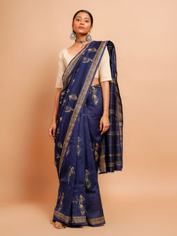 Palash - Blue Hand Block Printed Chanderi Silk Cotton Saree with Unstitched Blouse