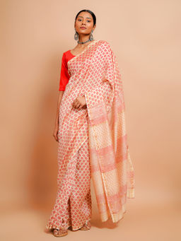 Palash - Cream Hand Block Printed Chanderi Saree with Unstitched Blouse