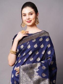 Akhilam - Navy Blue Festive Silk Blend Woven Design Saree with Unstitched Blouse with Unstitched