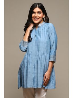 Biba - Women Chambrey Blue Self Design Poly Viscose Straight Kurti