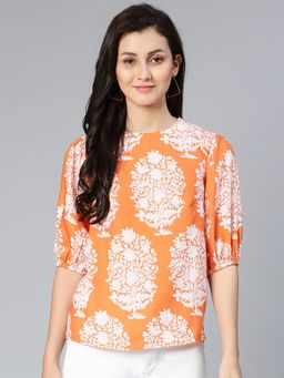 Oxolloxo - Chillic Orange Tropical Printed Puffed Sleeve Women Top