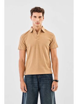 Snitch - Beige Ribbed Half Sleeves Regular Casual Polo T-Shirt