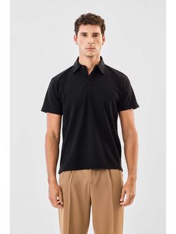 Snitch - Black Ribbed Half Sleeves Regular Casual Polo T-Shirt
