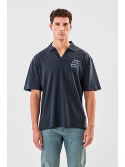 Snitch - Navy Blue Graphic Half Sleeves Oversized Casual Polo T-Shirt