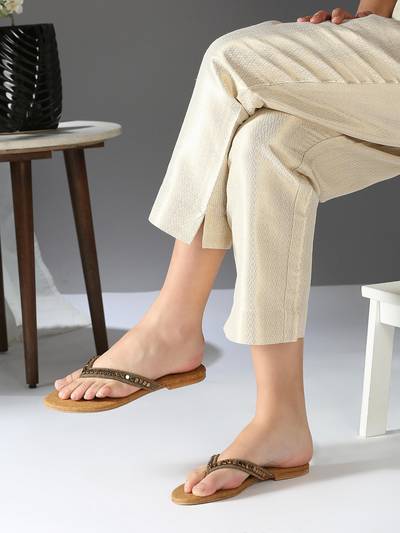 Womens Brown Gold Ethnic Embellished Open Toe Flats