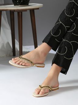 Inc.5 - Womens Cream Gold Ethnic Embellished Open Toe Flats