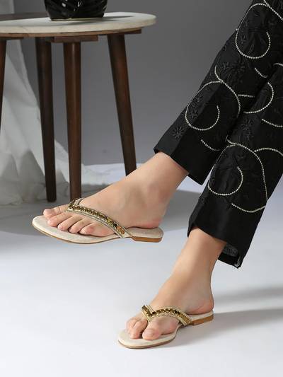 Womens Cream Gold Ethnic Embellished Open Toe Flats