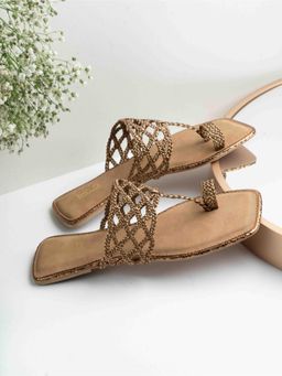 Inc.5 - Womens Gold Ethnic Striped One Toe Flats