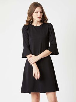 Miss Chase - Women's Black Round Neck 3/4 Sleeve Solid Shift Mini Dress