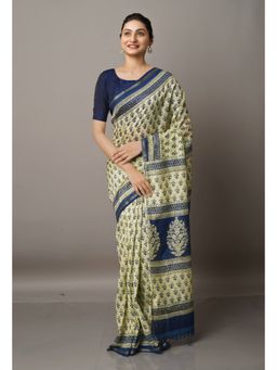 Unnati Silks - Beige Pure Ajrakh Sico Saree with Unstitched Blouse