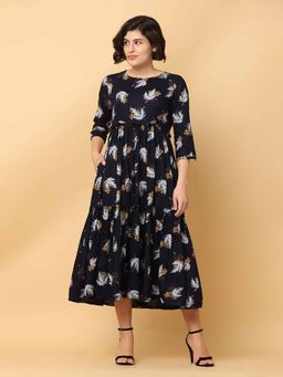 Black & Blah Blah - Relaxed Fit Floral Printed Flared Liva Rayon Monochrome Midi Dress