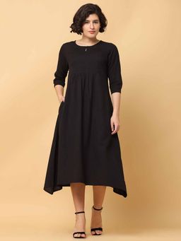 Black & Blah Blah - Relaxed Fit Solid Flared Cotton Linen Monochrome Midi Dress