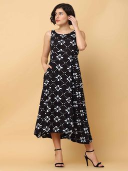 Black & Blah Blah - Relaxed Fit Floral Printed A-Line Liva Rayon Midi Dress