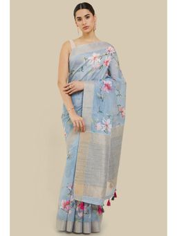 Soch - Women Blue Linen Printed Saree with Unstitched Blouse