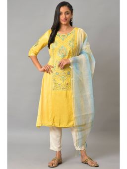 Aurelia - Yellow Embroidered Kurta With Natural Trousers And Dupatta (Set of 3)
