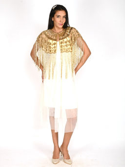 Odette - Women Golden Net Cut dana Embroidered Cape