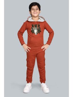 PLUM TREE - Orange Pure Cotton Sequence Embroidery Hoodie Sweatshirt and Cargo Jogger