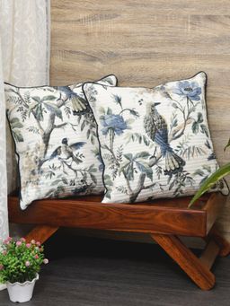 The Home Story - Cushion Covers Set of 2 - 12 x 12 Inches - Blue Flowers & Birds