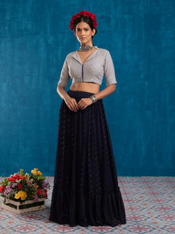 Gajra Gang - Navy Blue Collared Crop Top & Skirt GGLEH37 (Set of 2)