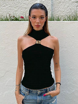 Outzidr - Black High Neck Metal Buckle Top
