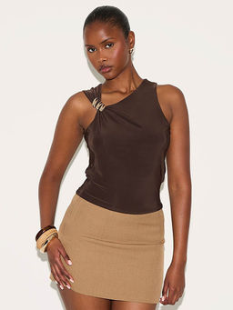 Outzidr - Brown Solid Sleeveless Fitted Top