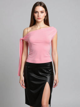 Outzidr - Pink Solid Off-Shoulder Tie Up Strap Top
