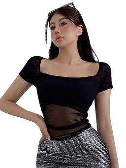 Outzidr - Black Solid Square Neck Mesh Top