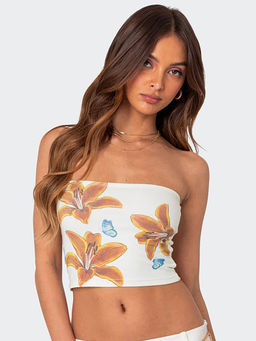 Outzidr - White Floral Print Tube Crop Top